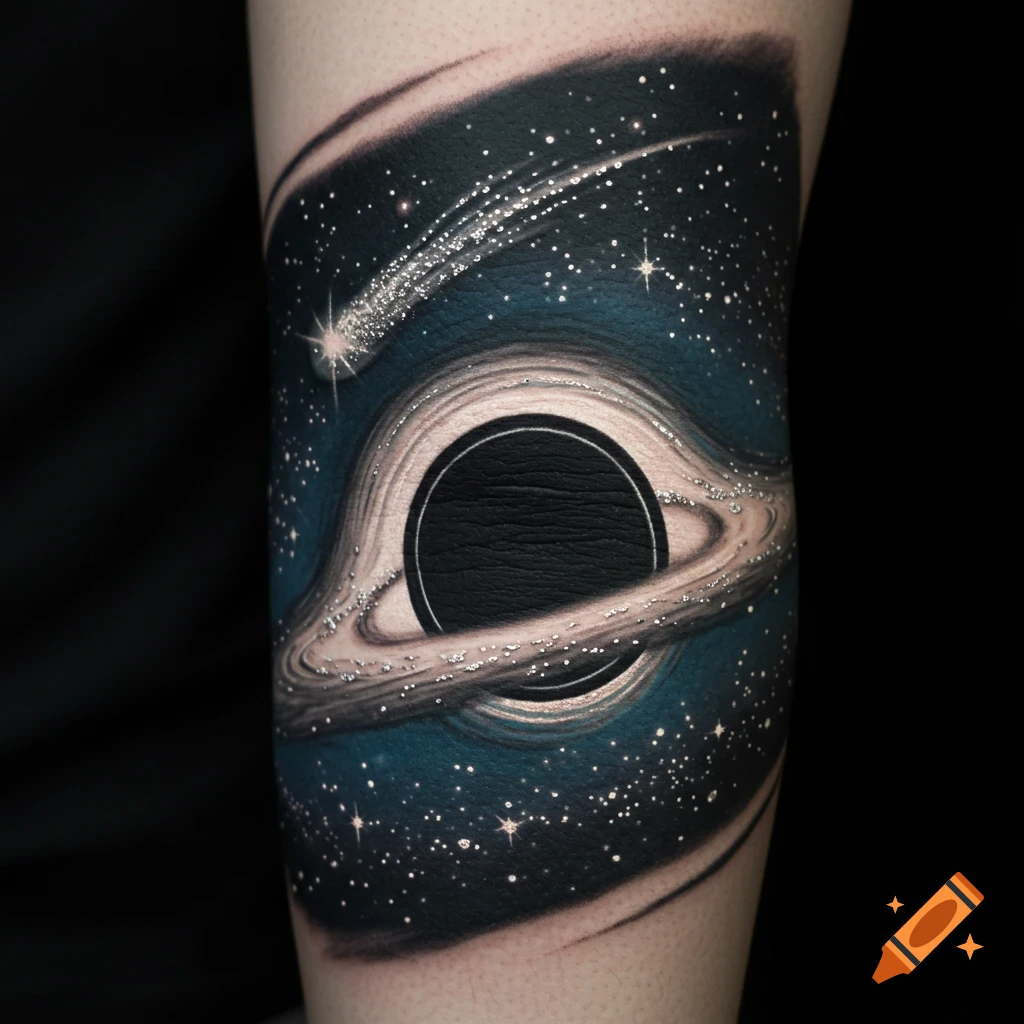 Detailed black hole tattoo with a shimmering accretion disk and a shooting star against a starry cosmic background on skin.
