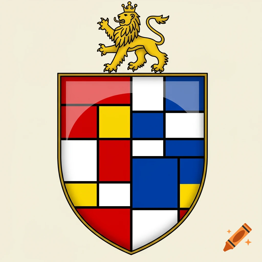 A royal crest with a golden lion on top of a shield featuring a Mondrian-style composition of red, blue, yellow, and white geometric shapes.