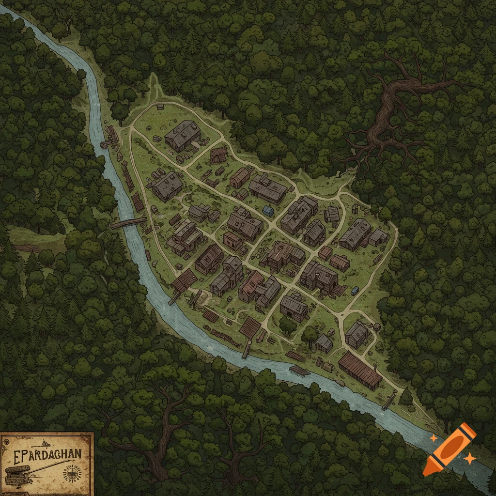 Overhead illustrated map of the town of Epardaghan, surrounded by dense forest with a river flowing through.
