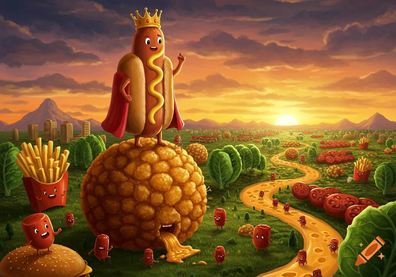 A giant king hot dog stands on a large tater tot mound in a whimsical food landscape with fries, tomatoes, and other food characters at sunset.