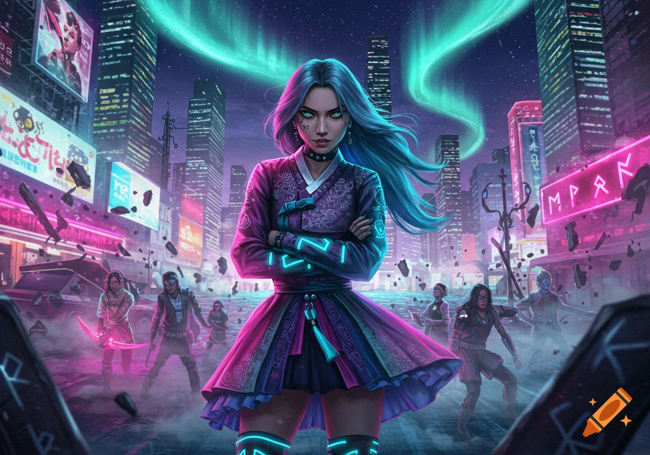 A female character with glowing blue hair and eyes stands in a cyberpunk city at night with an aurora in the sky and floating debris.