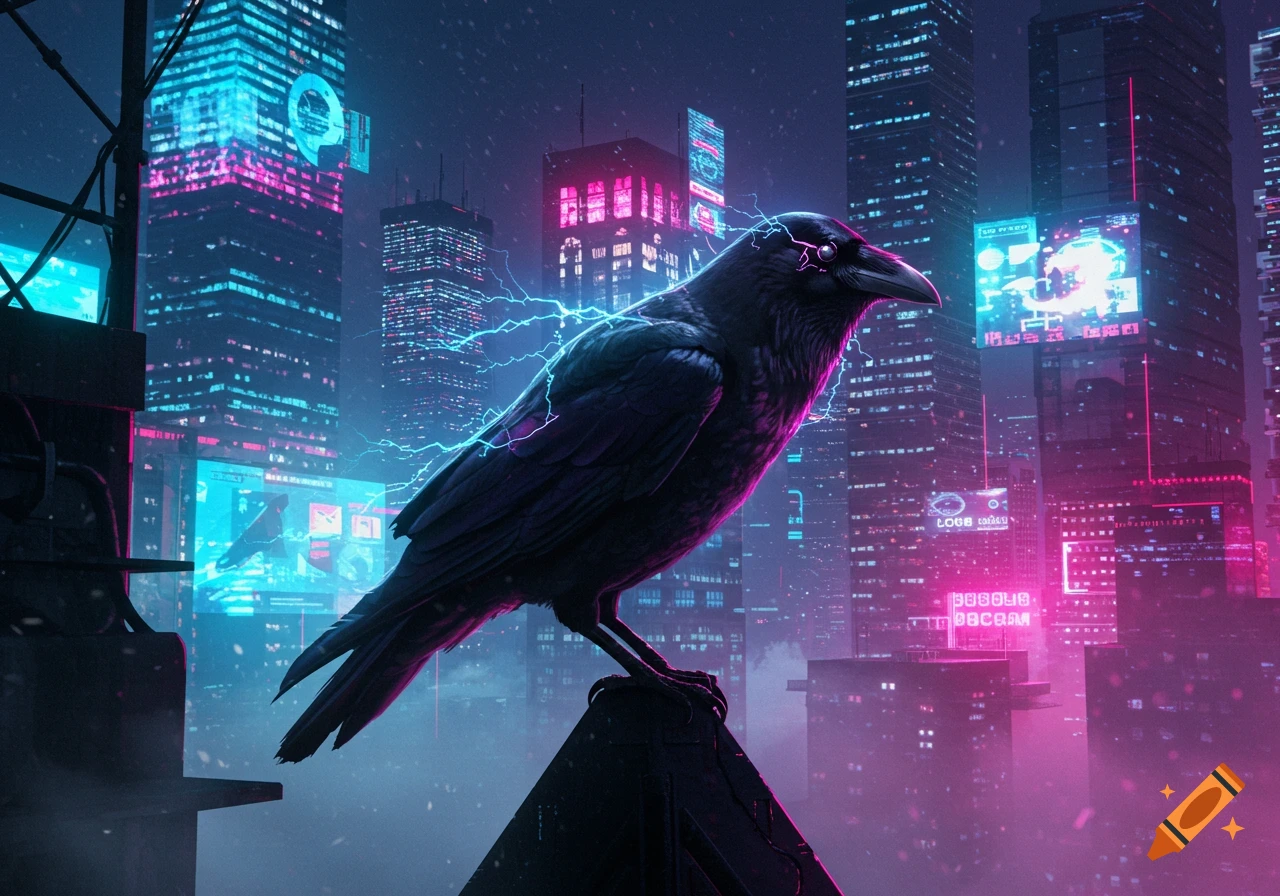 A black crow with electric lightning around it stands on a rooftop in a futuristic, neon-lit cyberpunk city at night.