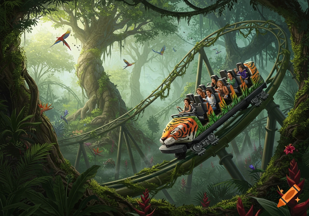 A rollercoaster with a tiger-themed front car speeds through a vibrant, lush jungle with tall trees, hanging vines, and colorful birds.