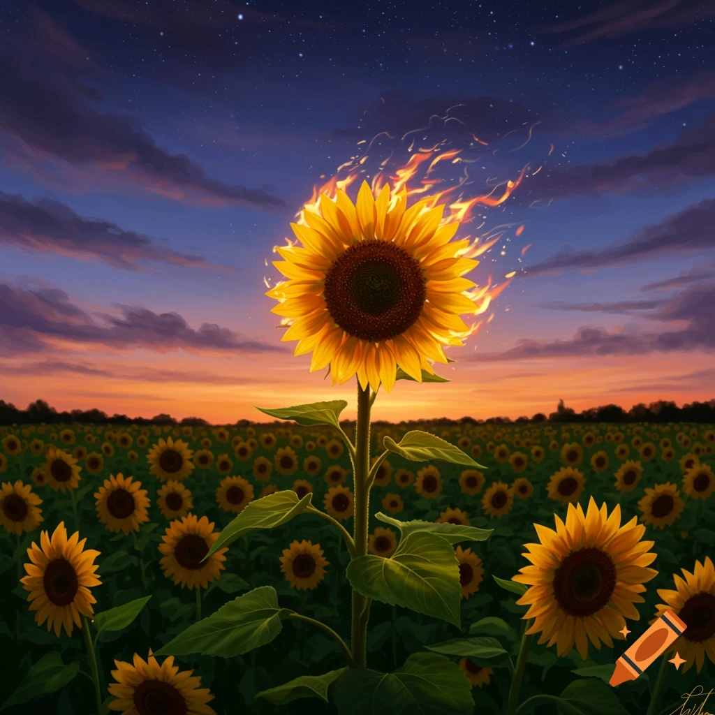 A single large sunflower is ablaze with fire in a field of sunflowers at twilight, under a starry sky with clouds.