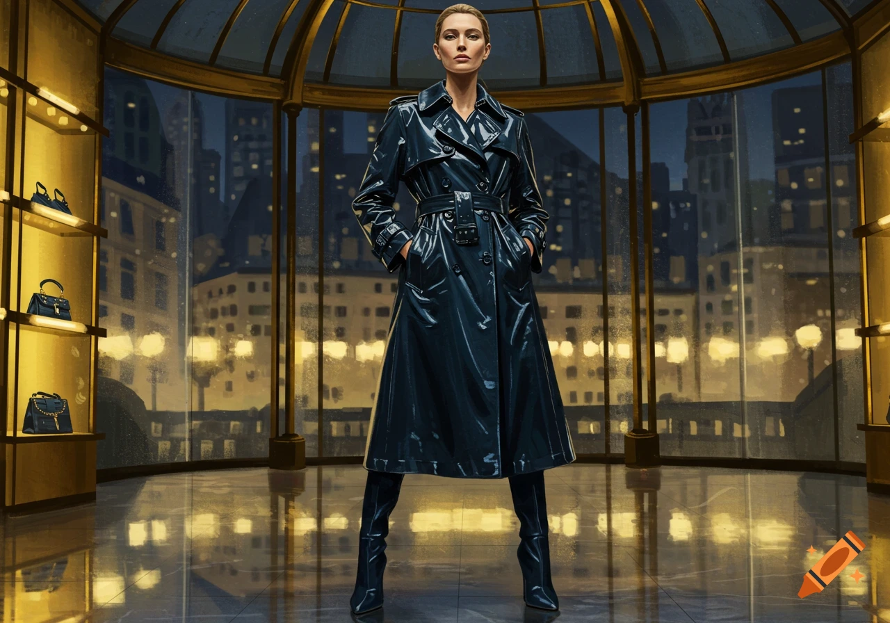 A woman in a dark blue trench coat and stiletto boots stands in a lavish, glass-domed room overlooking a city at night.