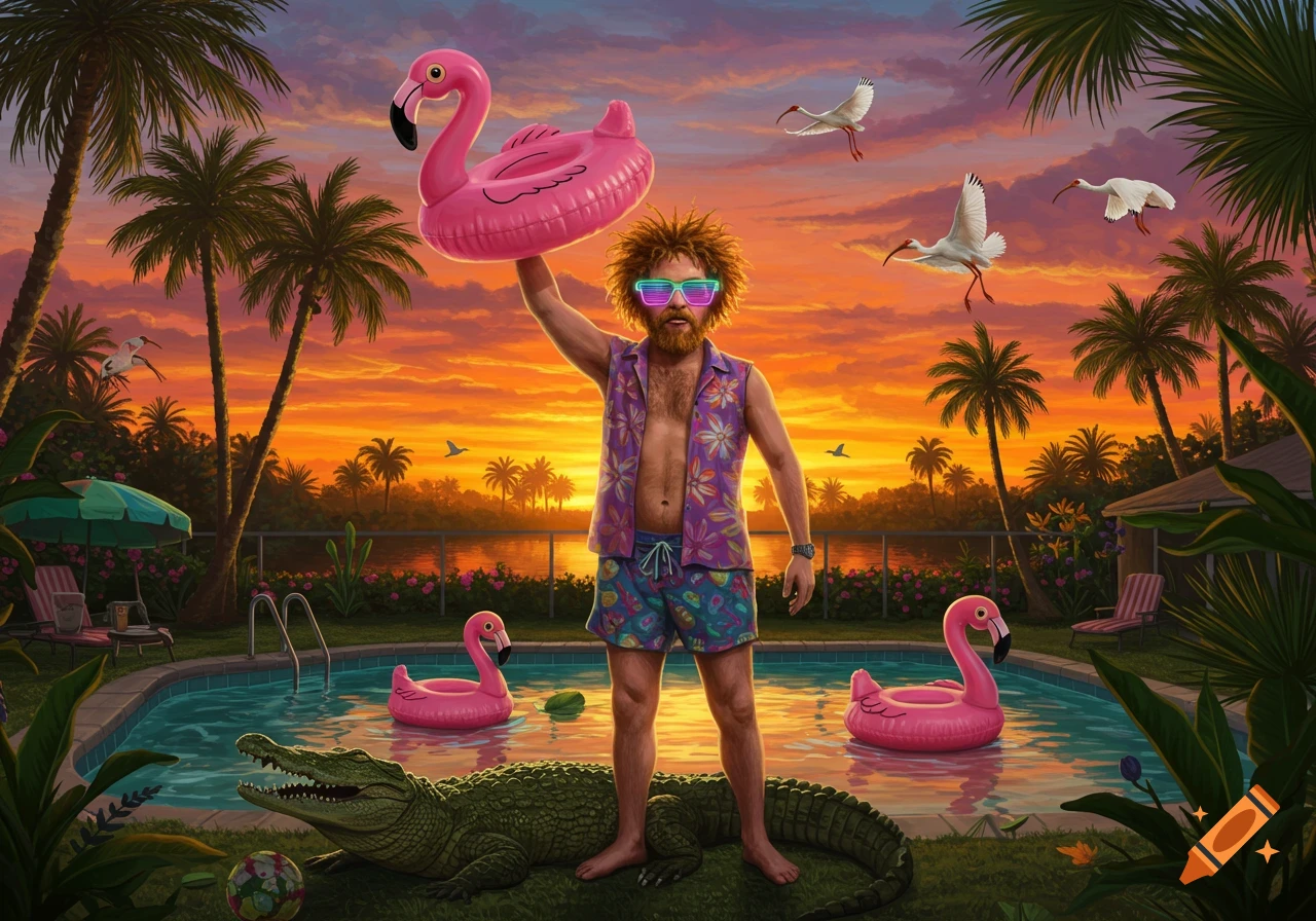 A bearded man in a Hawaiian shirt and neon sunglasses stands by a pool holding a flamingo inflatable. An alligator rests nearby, with palm trees and a sunset in the background in a digital art style.