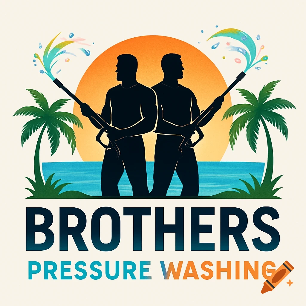 A colorful logo for Brothers Pressure Washing, featuring silhouettes of two men with pressure washers against a sunset, palm trees, and water.