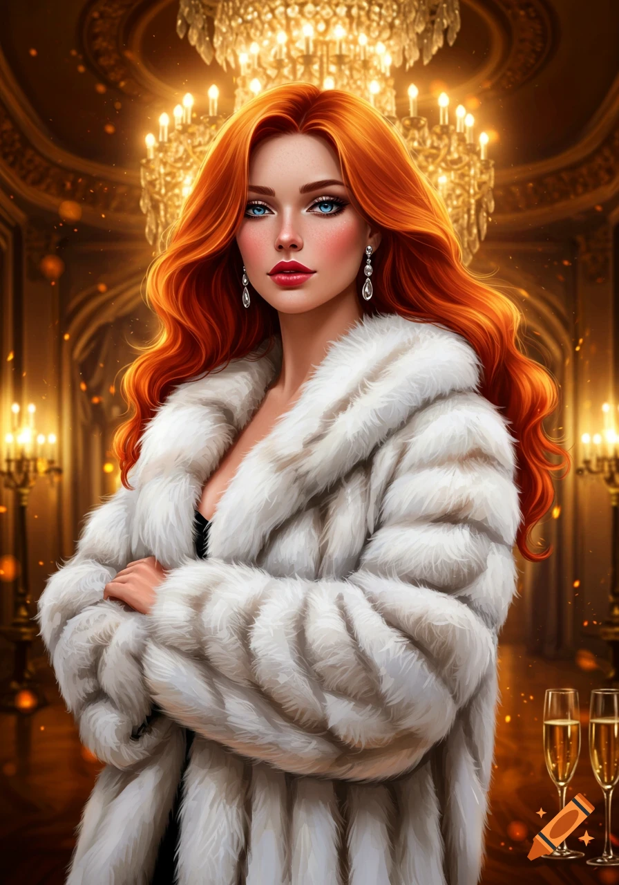 A beautiful woman with long red hair and blue eyes wears a white fur coat in a grand room with chandeliers. Illustrative style.