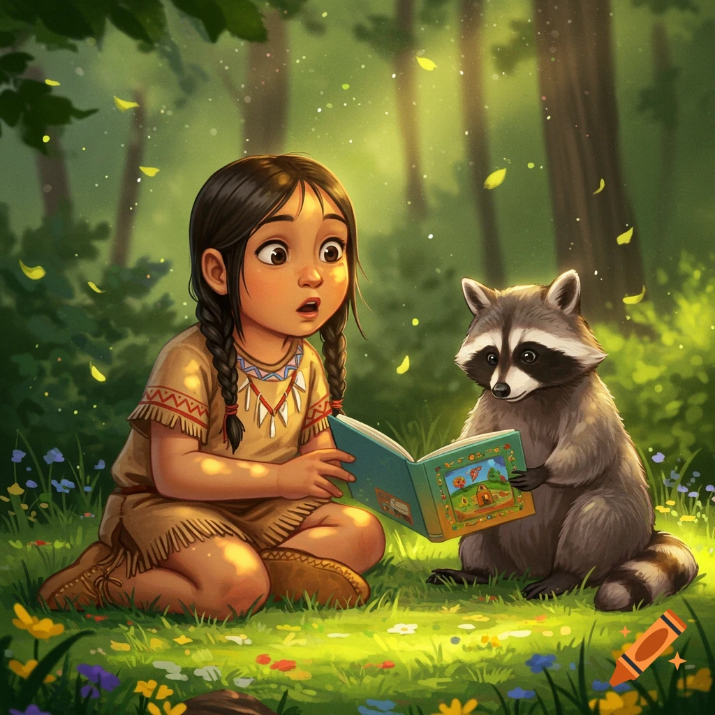 A cute Native American girl and a raccoon read a storybook in a sunlit, green forest with yellow petals falling.
