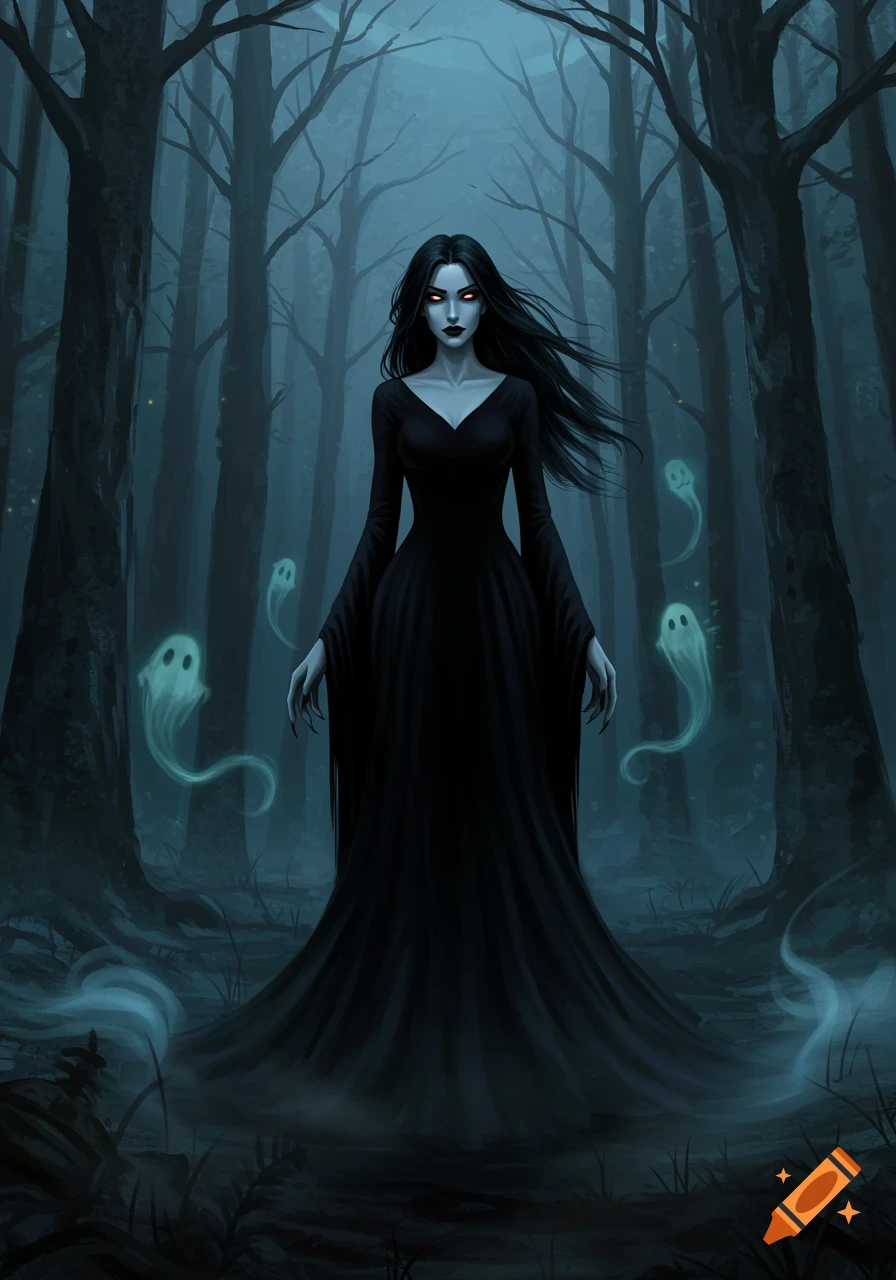 A pale, black-dressed woman with glowing red eyes and long dark hair stands in a misty, dark forest with floating ghosts.