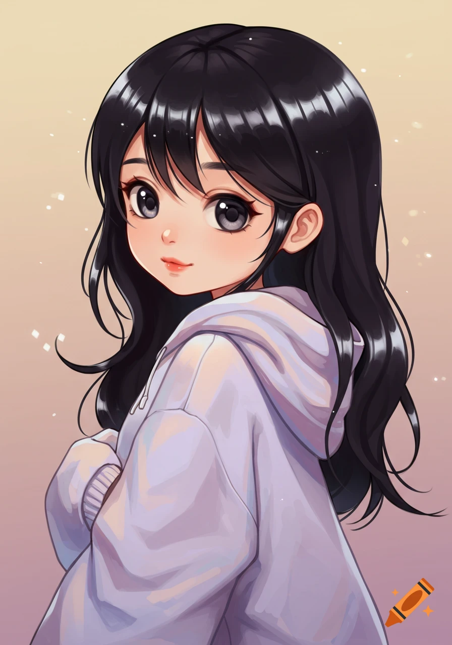 Anime girl with black hair and tan skin wearing a light purple hoodie, looking over her shoulder.