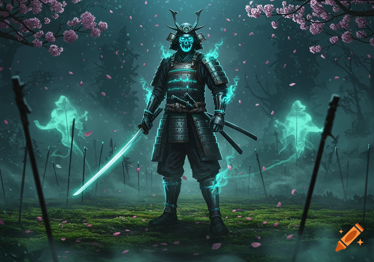 A spectral samurai with glowing blue features stands in a misty forest with cherry blossoms and ghostly figures.