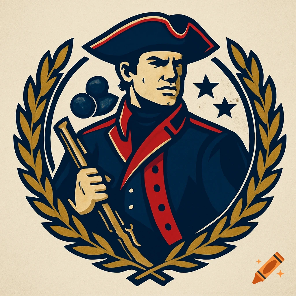 Stylized logo of a Revolutionary War soldier in blue and red uniform, holding a musket, framed by a golden wreath with stars.
