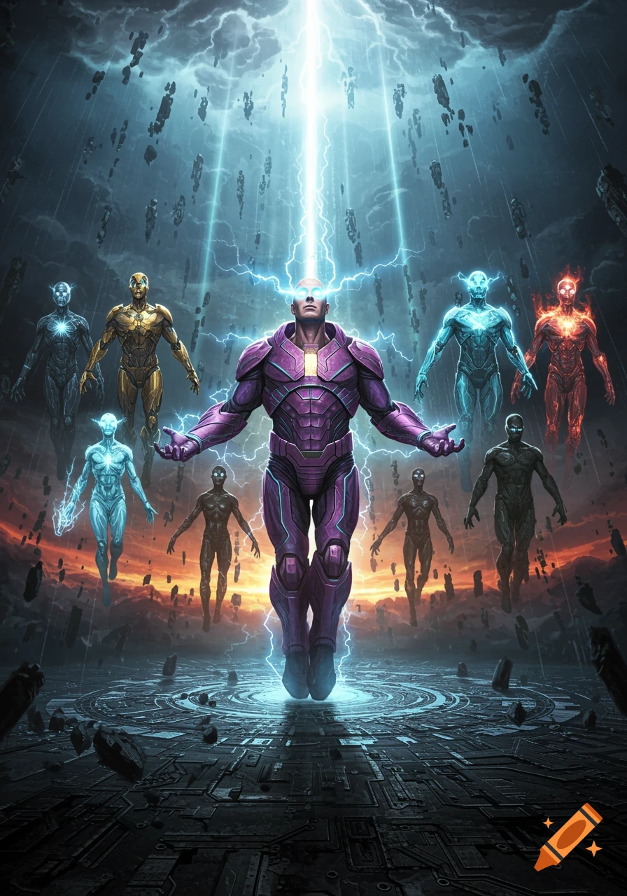 Purple-armored figure with lightning and glowing eyes ascends among levitating metallic and elemental beings above futuristic ground.