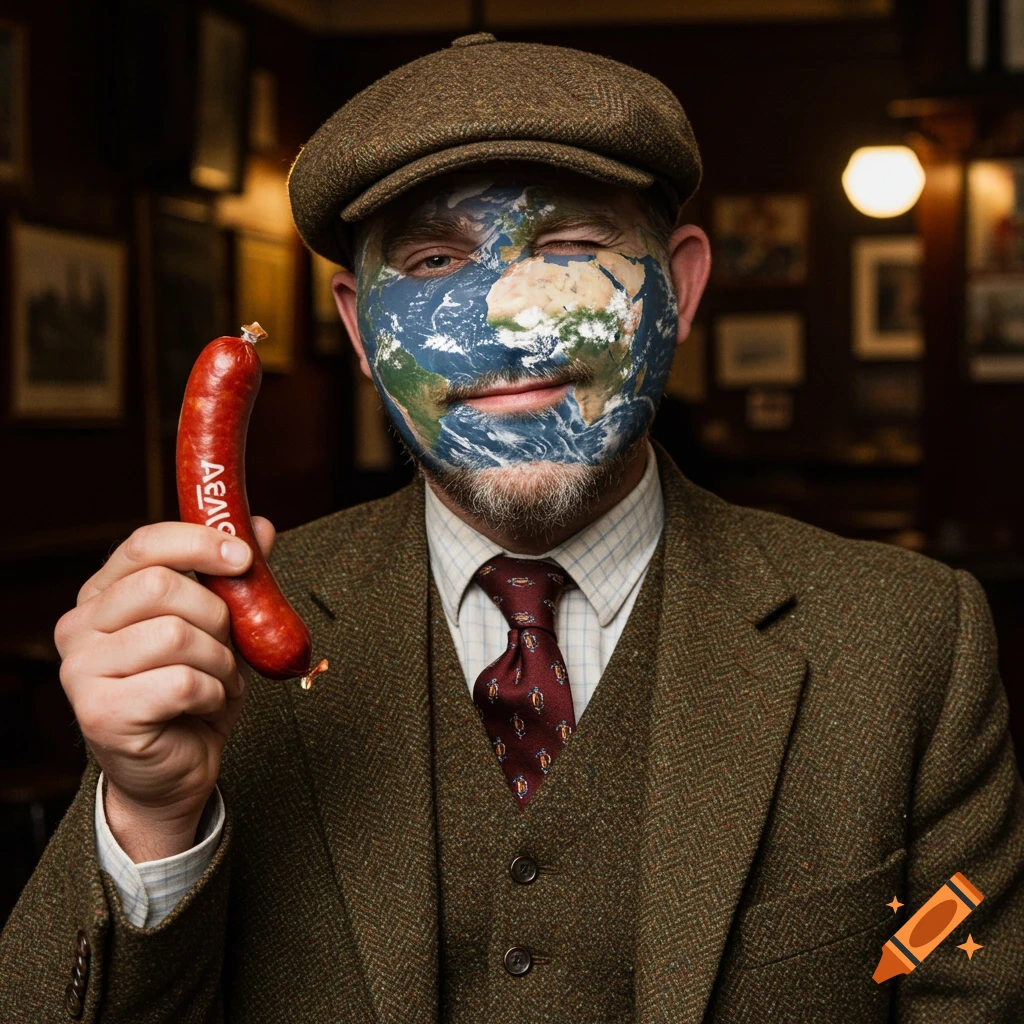 A photorealistic image of a man in a tweed suit and flat cap, winking, with a globe of Earth superimposed on his face, holding a red sausage.