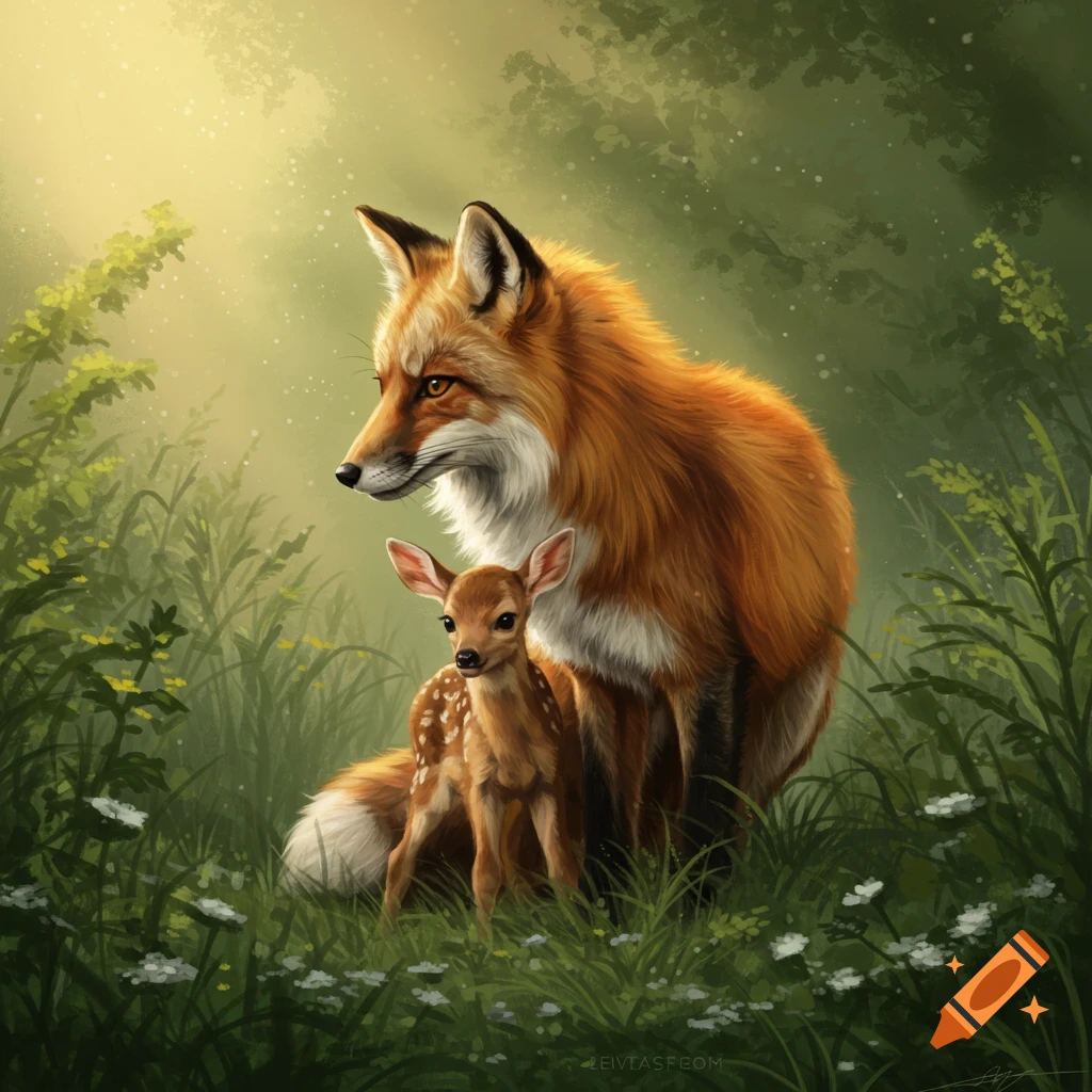 A red fox stands next to a spotted fawn in a sunlit green forest with white flowers, in an illustrative style.
