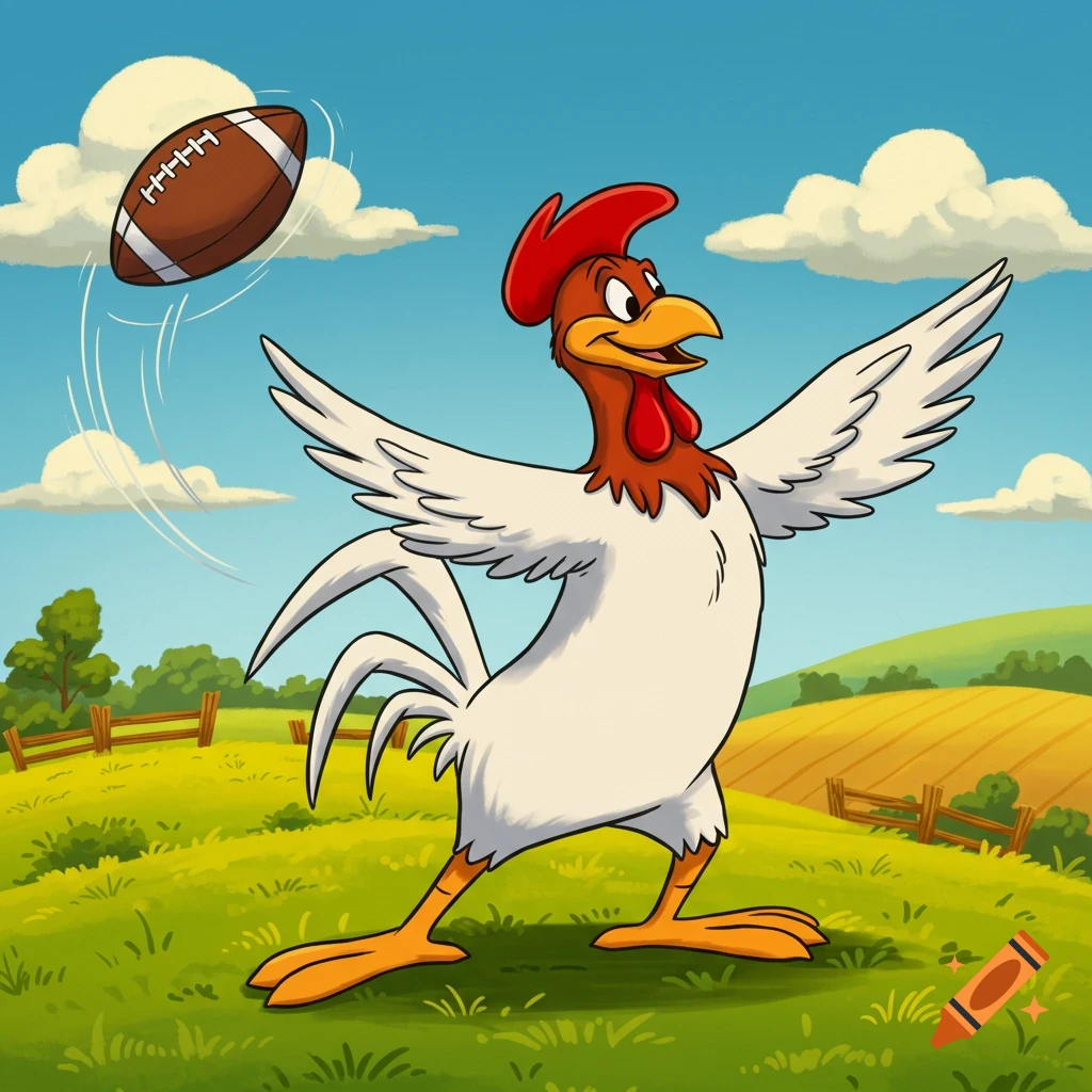 A cartoon rooster resembling Foghorn Leghorn throws a football on a grassy field under a blue sky.