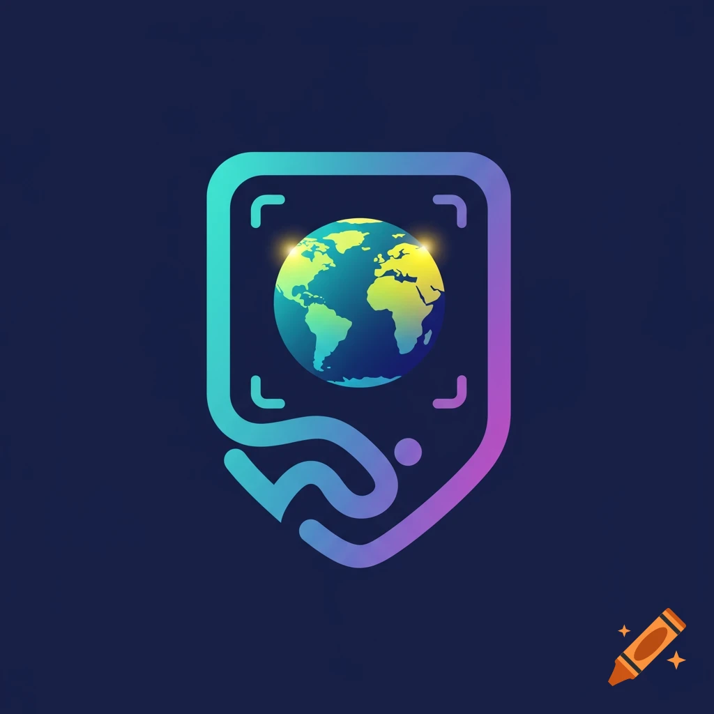 A futuristic shield logo with a globe, scanner lines, and an abstract symbol, in teal, yellow, and purple gradients on navy blue.