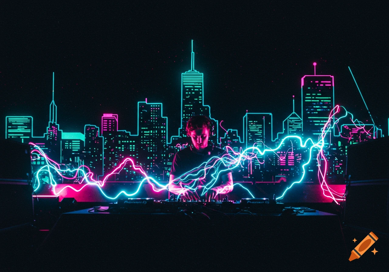 A DJ with headphones plays music at a console, surrounded by vibrant pink and blue neon lightning against a dark, neon-outlined cityscape.