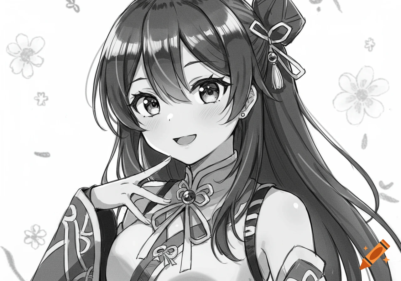 Black and white anime-style sketch of a smiling girl with long hair, wearing a traditional outfit, with faint flowers in the background.