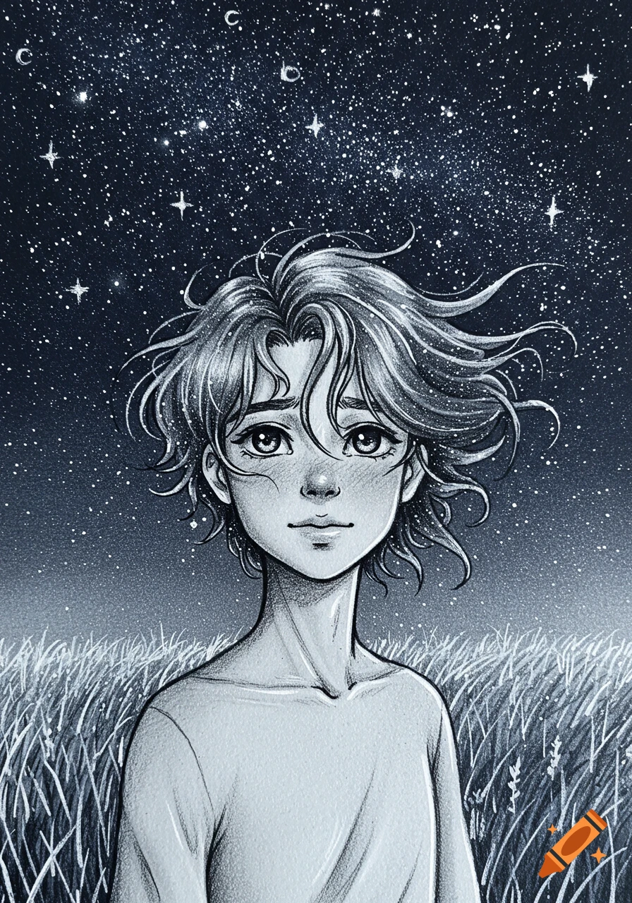 Monochromatic drawing of a person with messy hair standing in a field under a starry night sky.