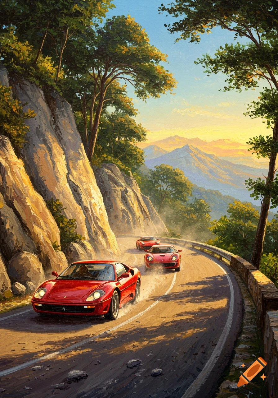 Three red cars race on a winding mountain road at sunset, painted in an impressionistic style.
