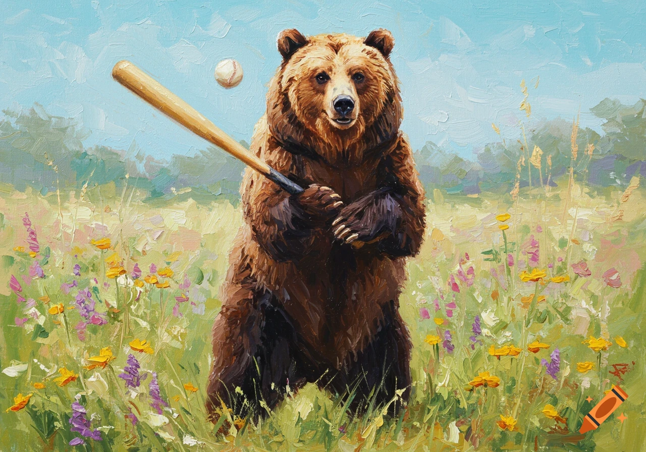 An impressionist painting of a brown bear standing in a wildflower field, holding a baseball bat with a ball in the air.