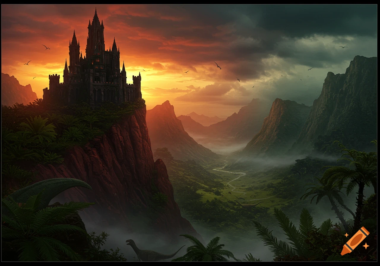 A dark castle atop a red cliff at sunset, overlooking a misty Jurassic valley with green mountains and dinosaurs.