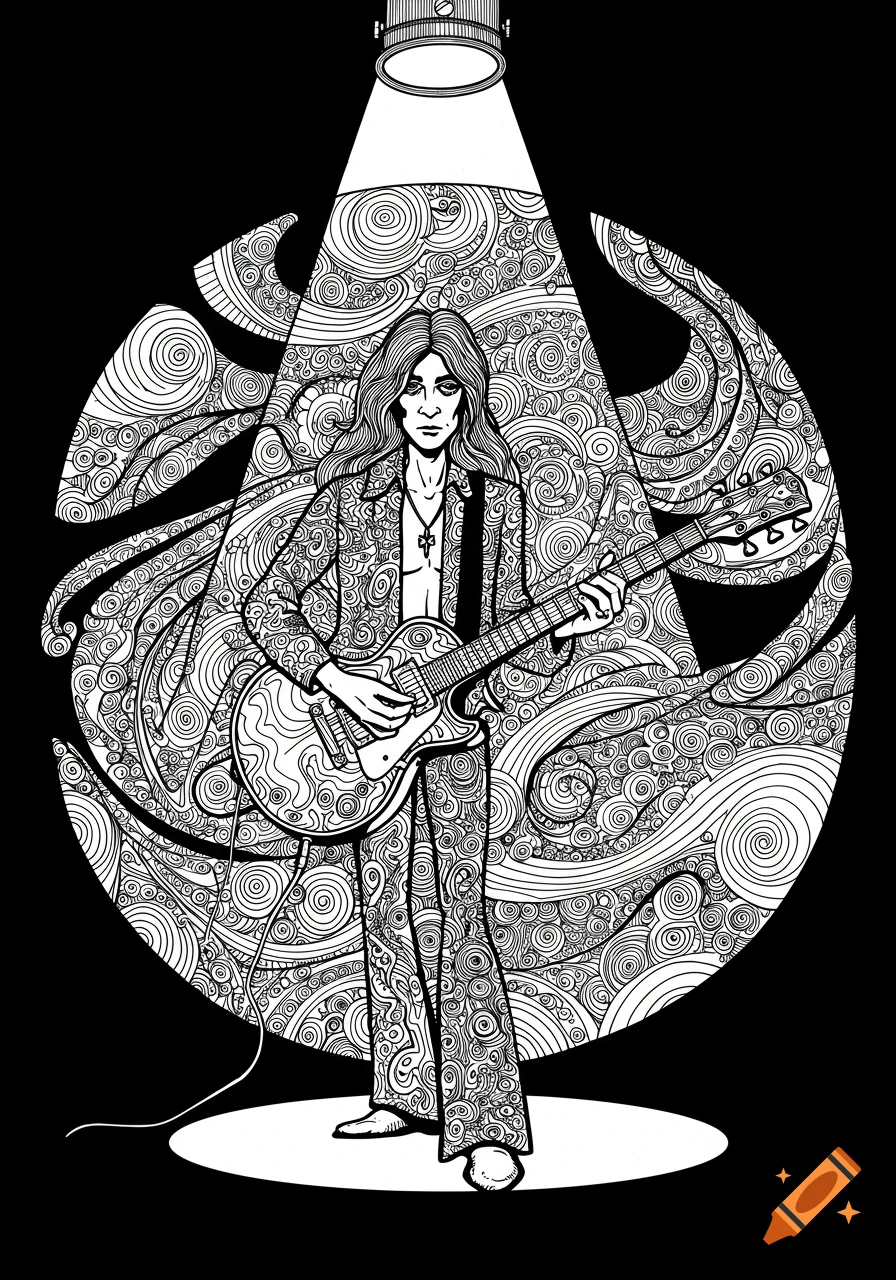 A black and white 1970s style line drawing of a long-haired guitar player in a spotlight, surrounded by psychedelic swirls.