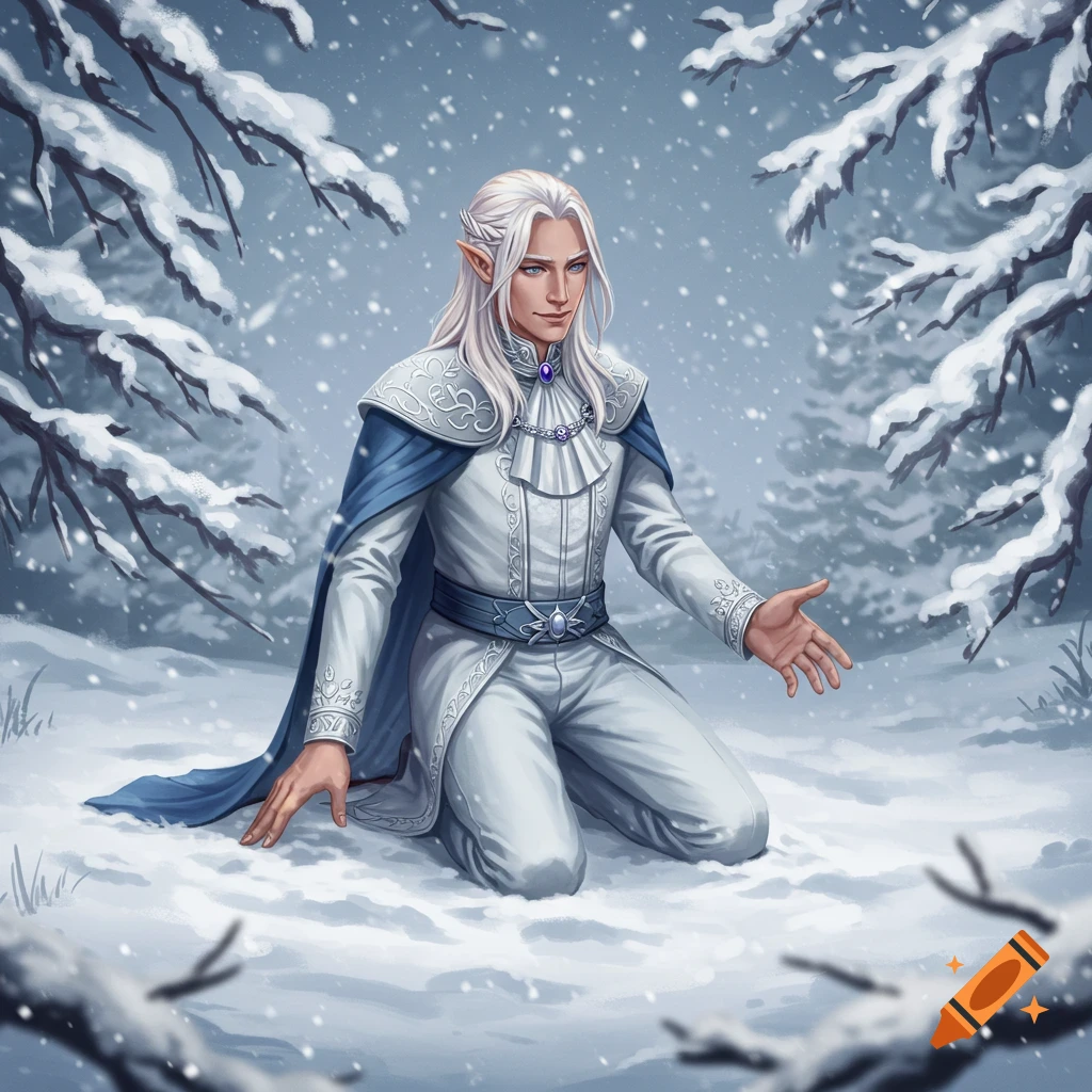 A white-haired male elf with a kind smile kneels in a snowy forest, reaching out his hand, amidst falling snow.
