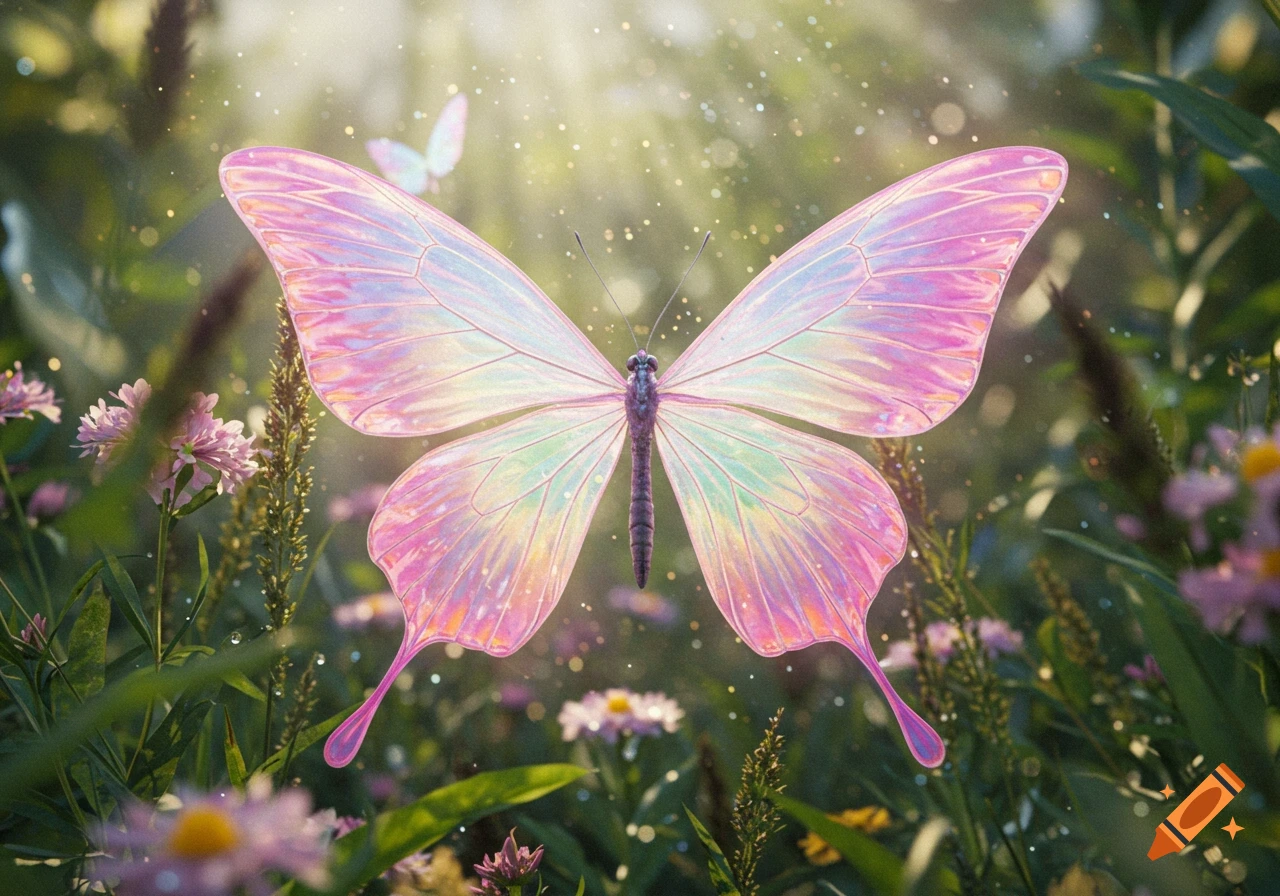 A luminous pink and green iridescent butterfly floats in a sun-dappled garden with twinkling lights and purple flowers.