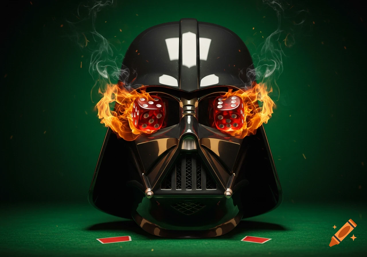 A Darth Vader helmet with fiery red dice as eyes, sitting on a green blackjack table with two red playing cards.