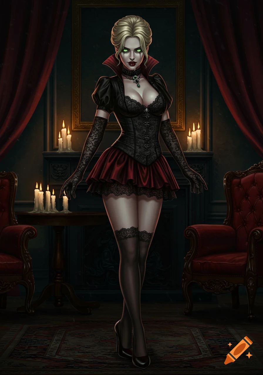 A gothic vampire noblewoman with blonde hair and glowing green eyes stands in an ornate parlor room at night. She wears a black corset, red skirt, and stockings.