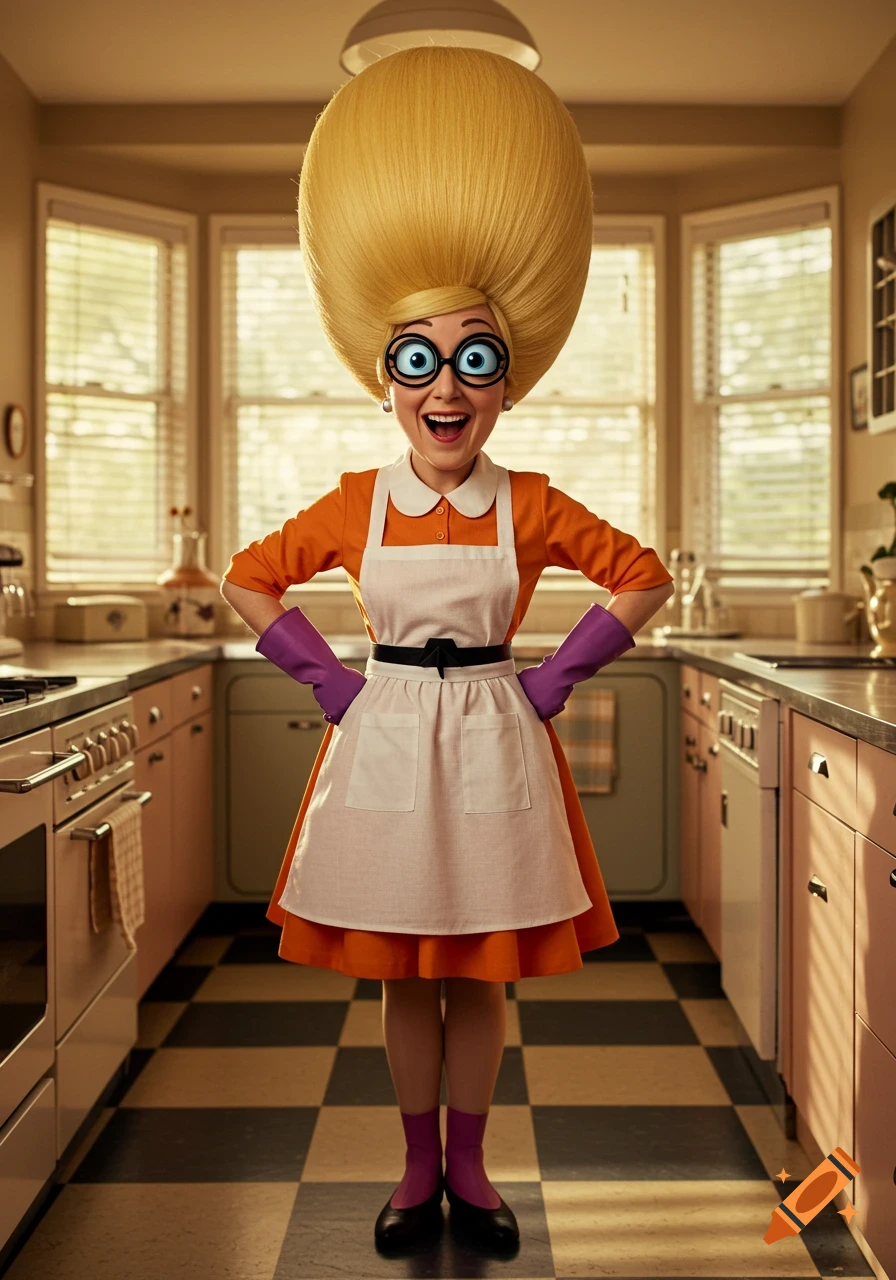 Photorealistic live-action Dexter's Mom with a huge blonde bouffant and glasses, wearing an apron, in a retro kitchen.