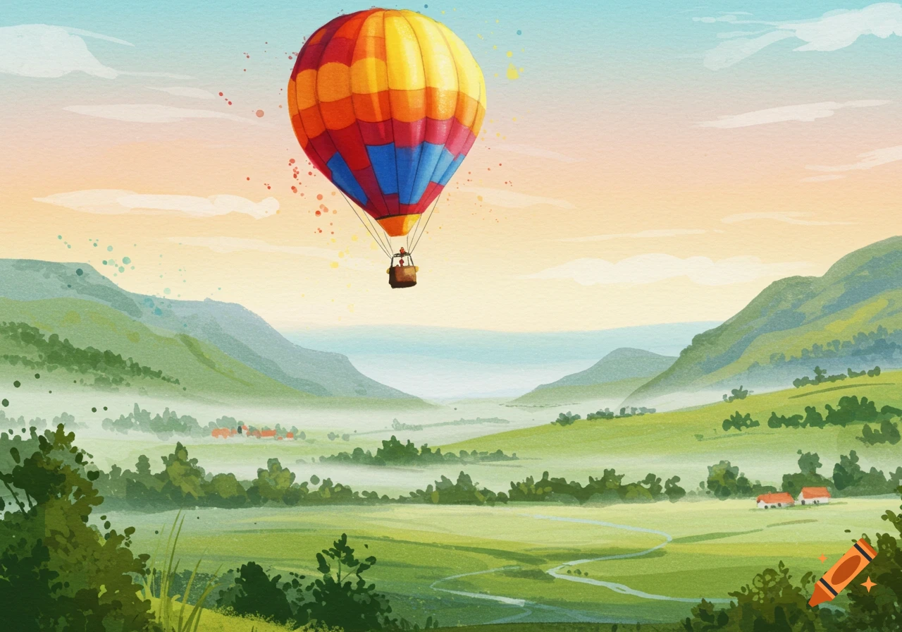 A vibrant hot air balloon ascends over a lush green valley with distant mountains and a soft sky, rendered in watercolor art.