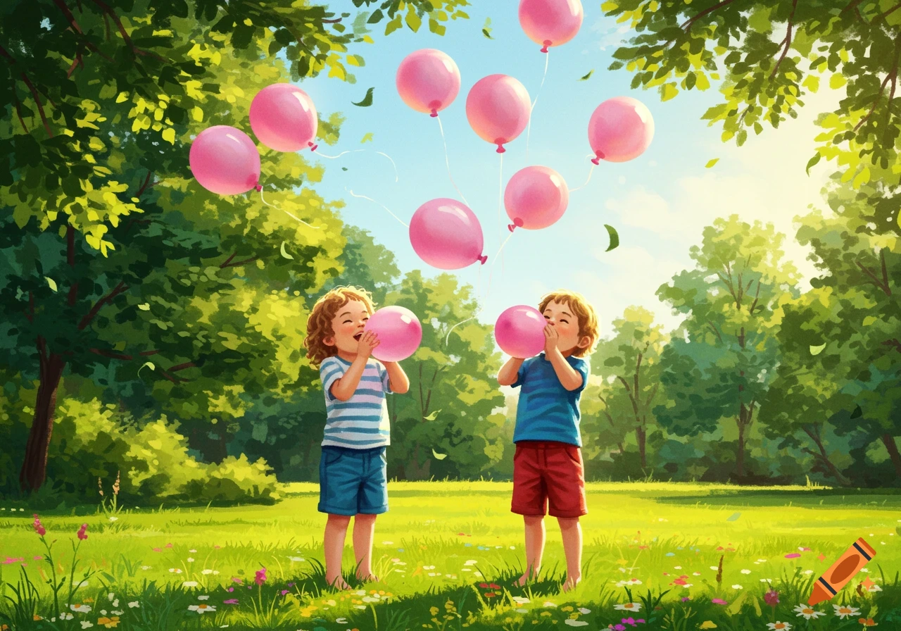 Two smiling children in a sunny green park blow up pink balloons, with more balloons floating above, in a bright illustration style.