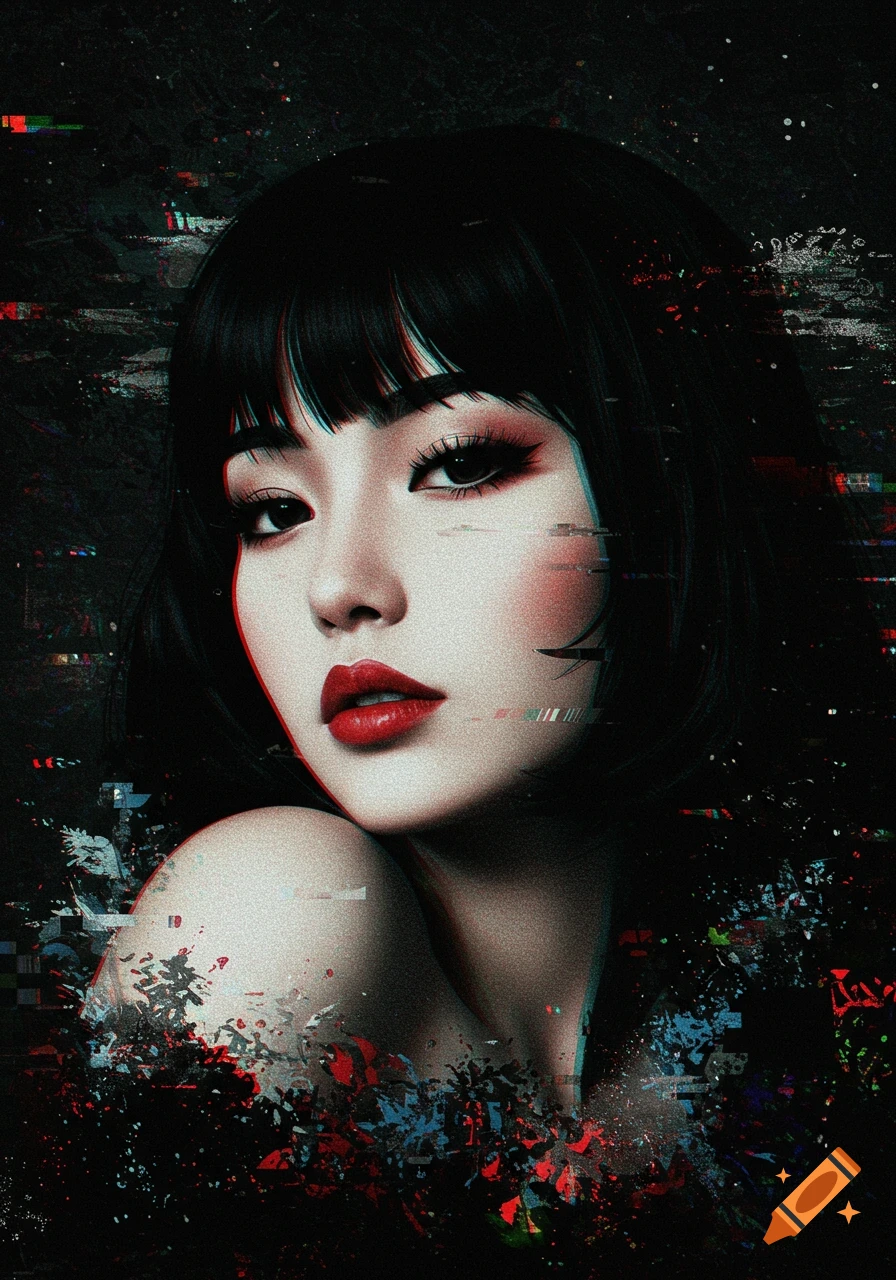 A surreal portrait of a black-haired woman with vibrant red lips, surrounded by heavy glitch art and static effects on a dark background.