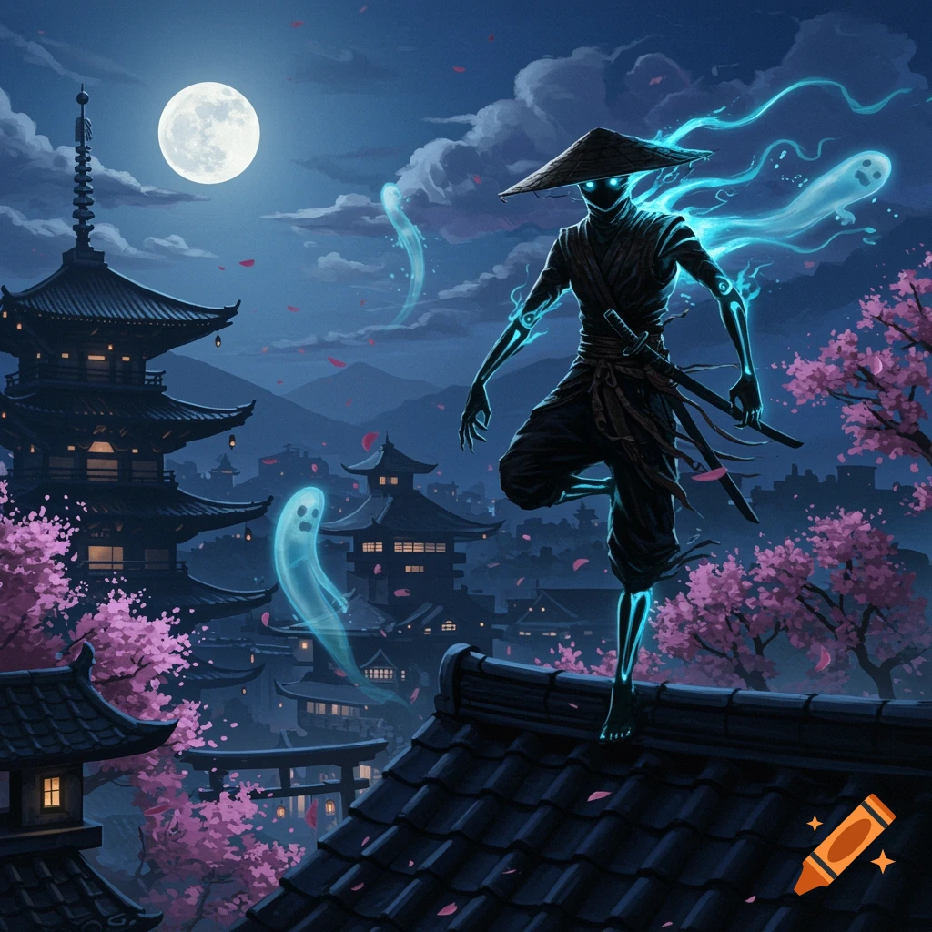 Glowing blue ninja on a rooftop in a moonlight Japanese village with pagodas, cherry blossoms, and floating ghosts.