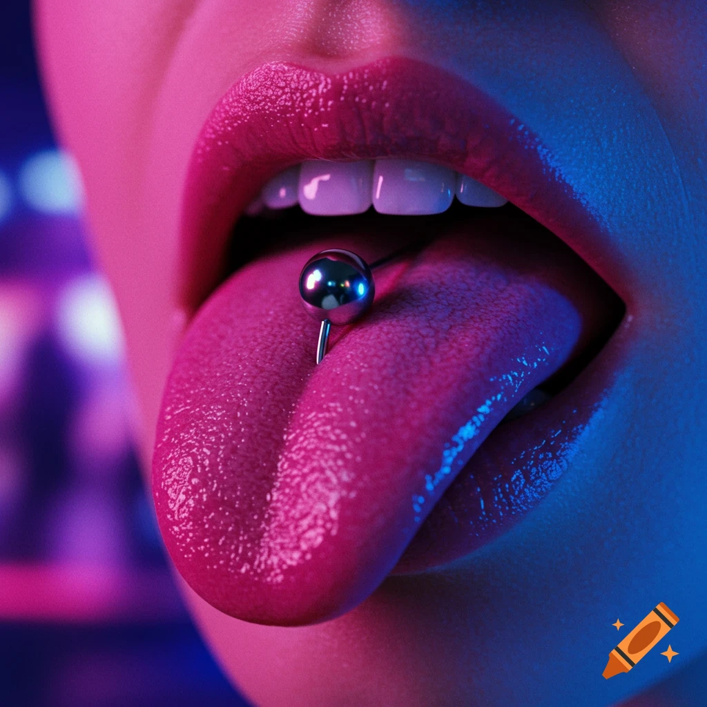 Close-up, photorealistic shot of a tongue with a silver piercing under pink and blue neon lights.