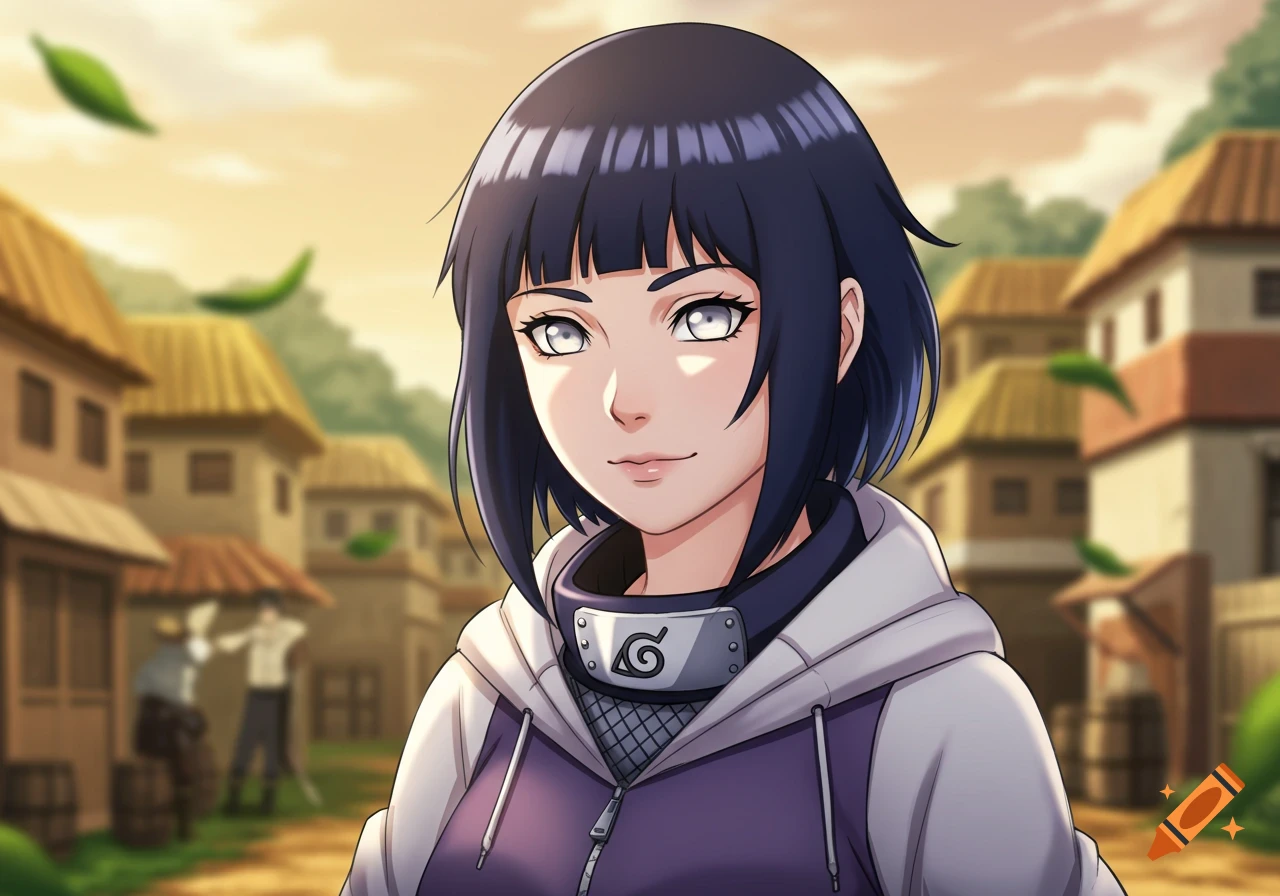 Anime portrait of Hinata Hyuga with dark hair and white eyes, wearing a purple and white hoodie, in a village setting.