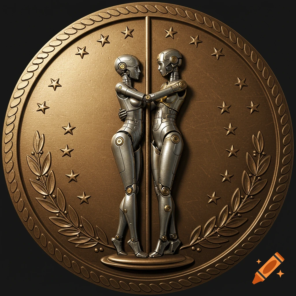 A bronze medal depicting two metallic robots embracing, surrounded by stars and laurel leaves.