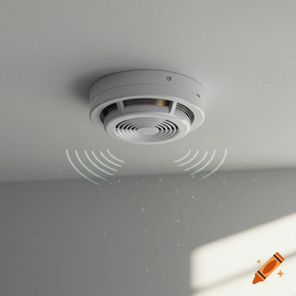 A close-up of a white smoke detector on a ceiling, with light blue sound waves emanating from it and dust particles in the air.