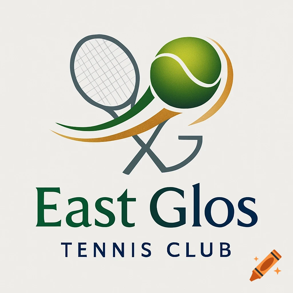 A logo featuring a stylized tennis racket and ball with the text East Glos Tennis Club in green and blue on a light background.