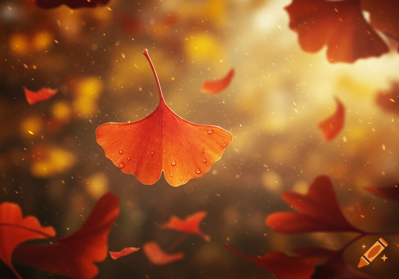 A single vibrant red ginkgo leaf with water droplets floats amidst golden autumn foliage and sparkling light.