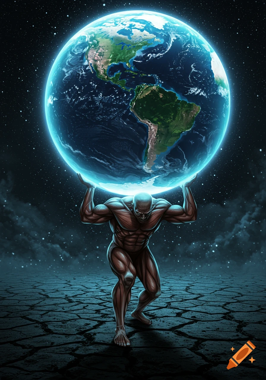 A powerful muscular man, resembling Atlas, holding up a glowing blue Earth against a starry sky and cracked ground.