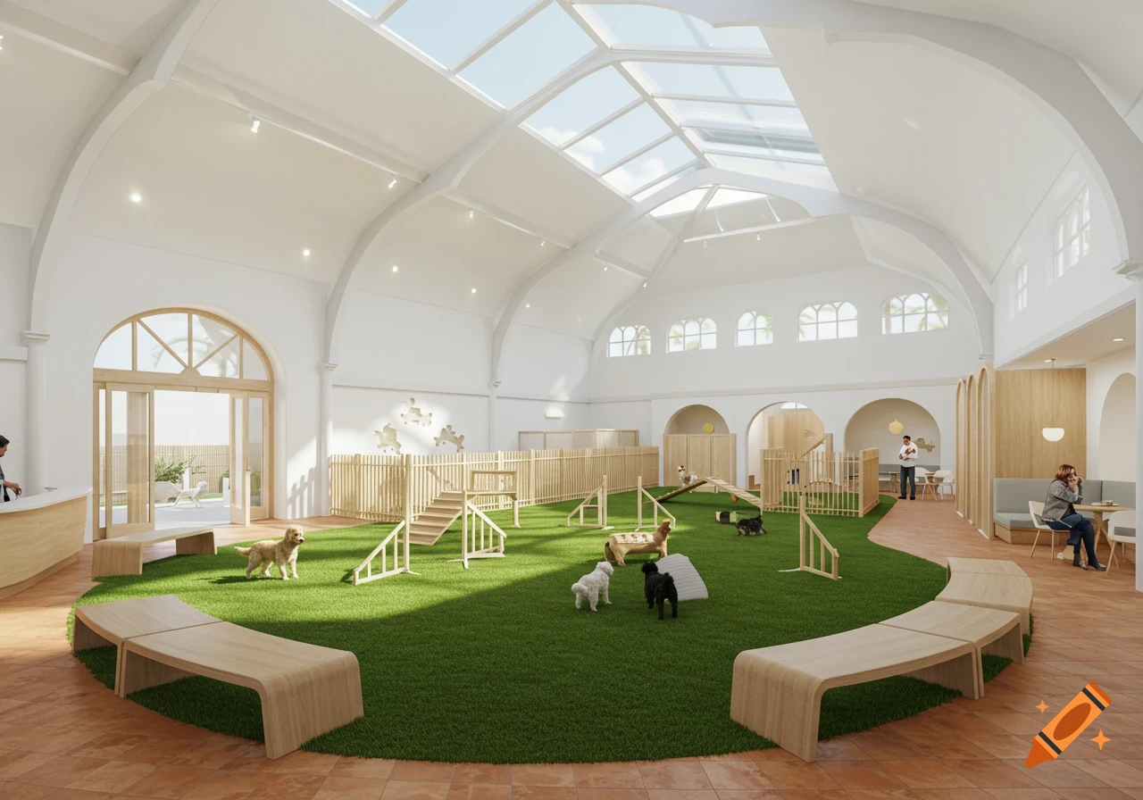 Realistic render of a bright indoor dog park with arched ceilings, skylights, green turf agility course, dogs playing, and a cafe.