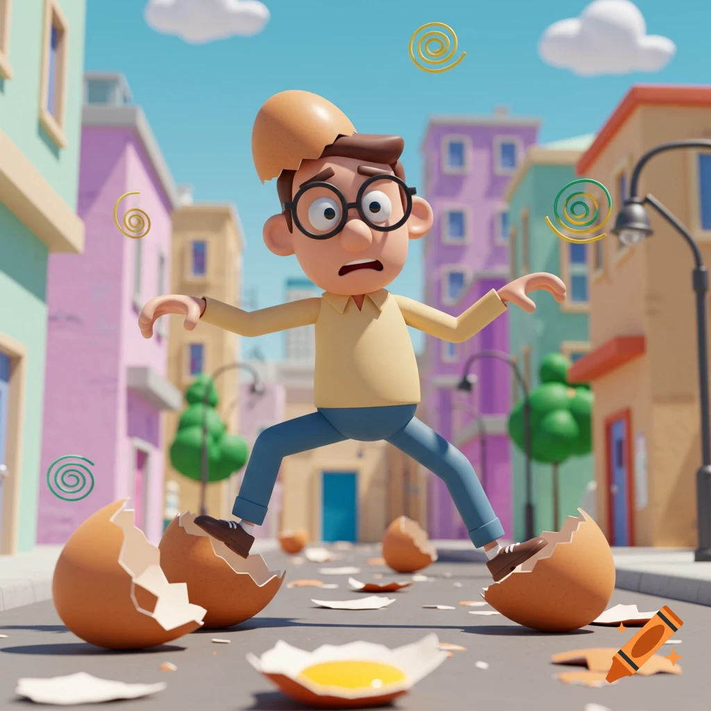 A 3D cartoon man with an eggshell on his head carefully walks on broken eggshells down a colorful street.