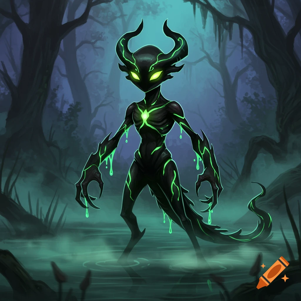 A dark, horned monster with glowing green eyes and green slime dripping, standing in a foggy swamp.