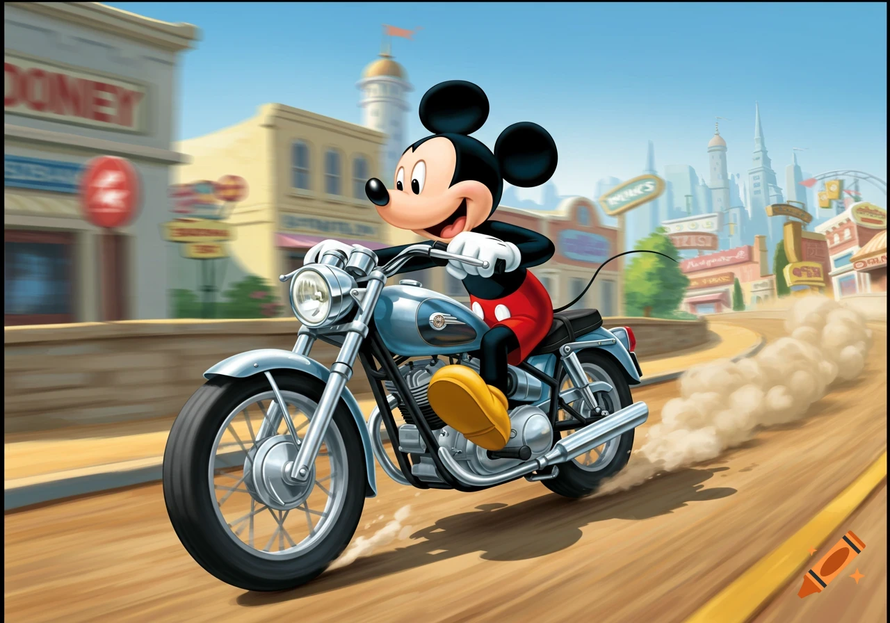 Mickey Mouse rides a motorcycle down a city street with motion blur.