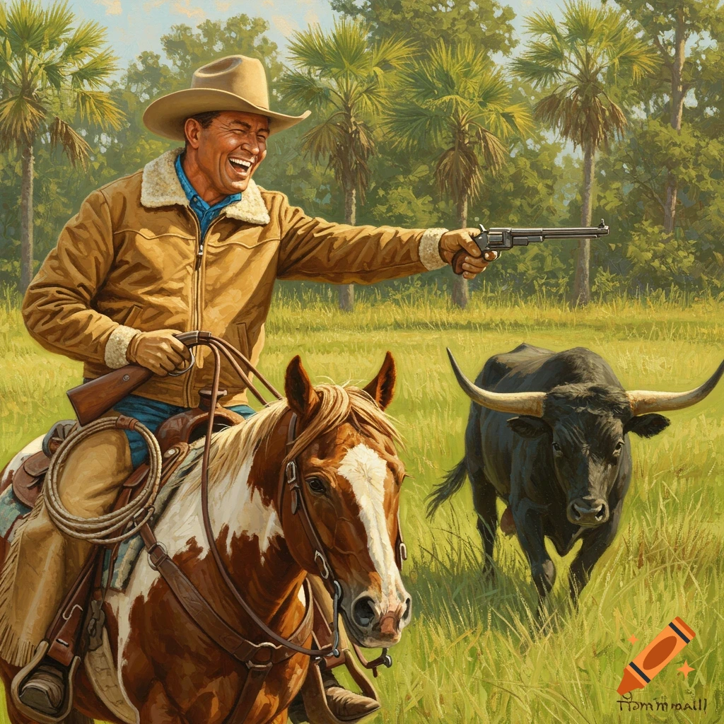 A joyful cowboy on a paint horse aims a pistol at a charging black bull in a grassy field with palm trees. Painted in a Norman Rockwell style.